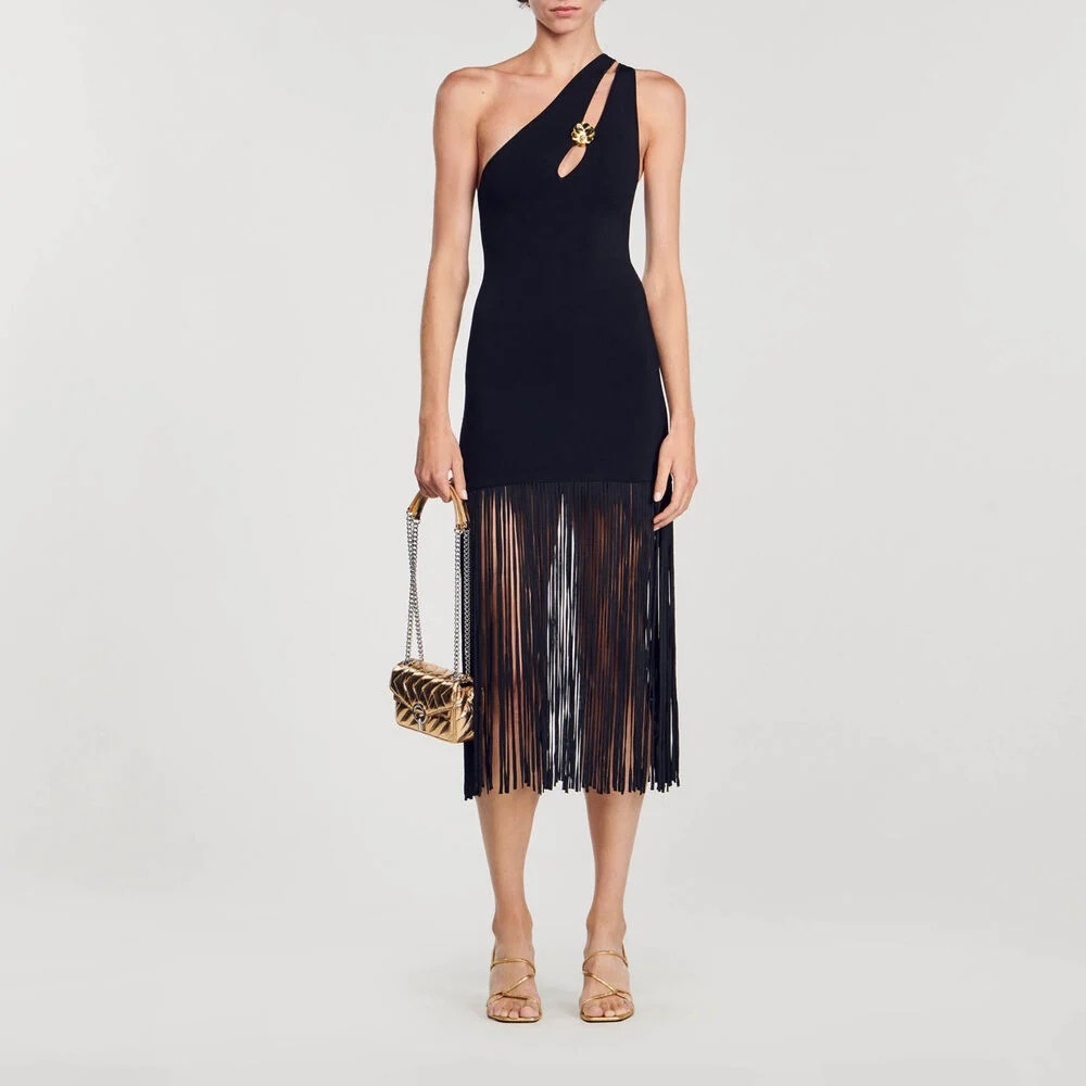 SANDRO ASYMMETRIC FRINGED DRESS (not gold ornament included) size 36 - Picture 4 of 4